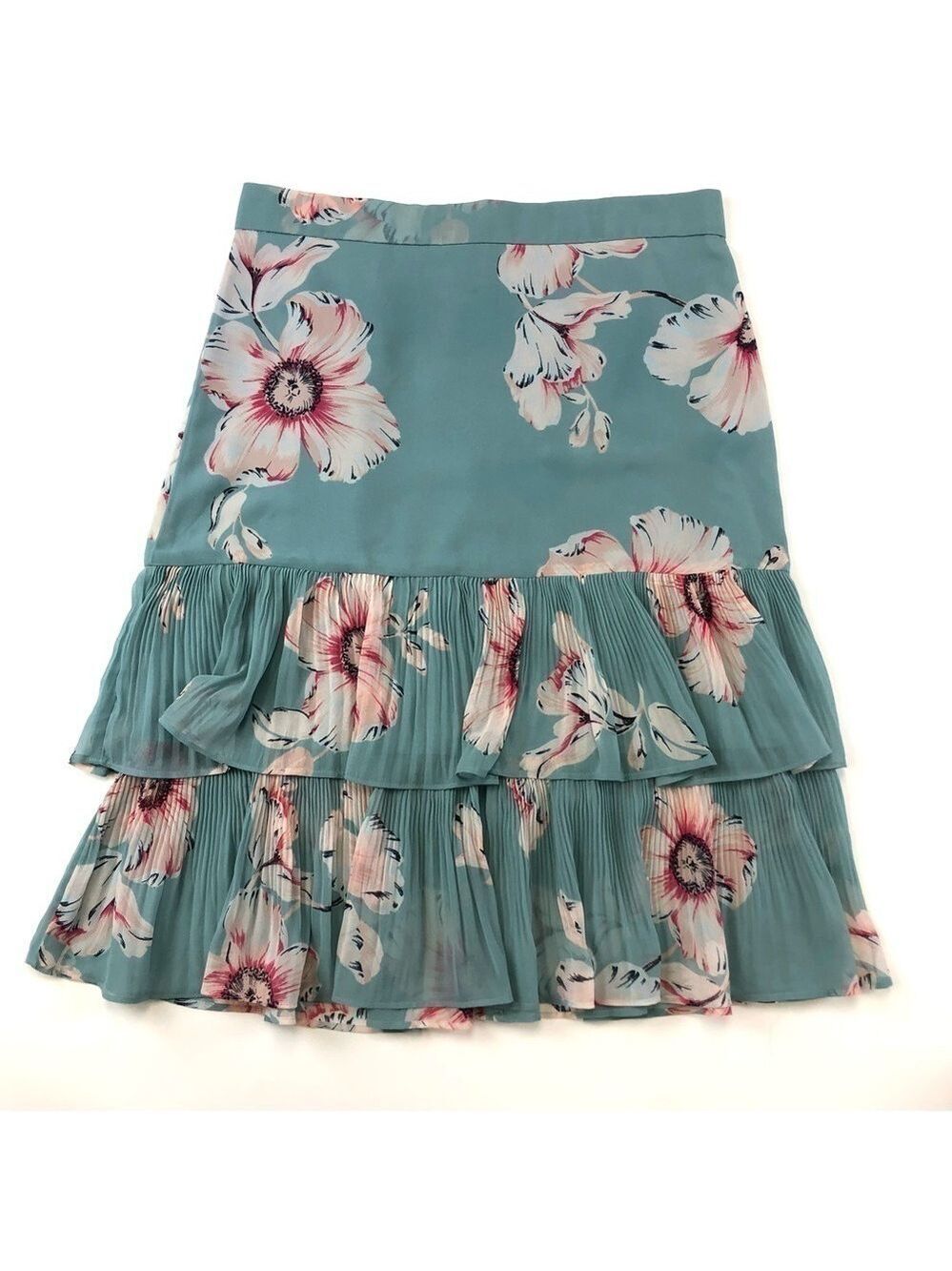 Ann Taylor aqua blue green floral pleated double hem ruffle skirt Size 10Pet